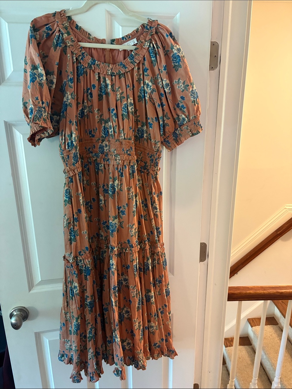 Ivy City Co Tan Midi Dress with Blue Floral Print